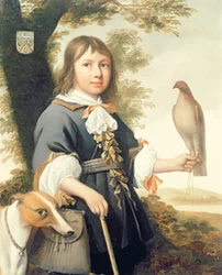 Boy with a falcon and a greyhound